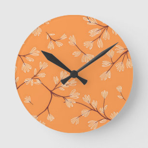 Orange Botanical Pattern White Hand Drawn Branches Round Clock