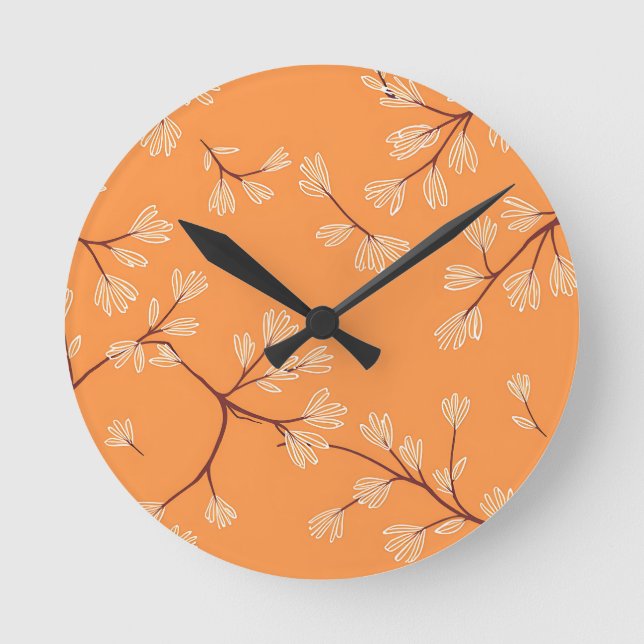 Orange Botanical Pattern White Hand Drawn Branches Round Clock (Front)