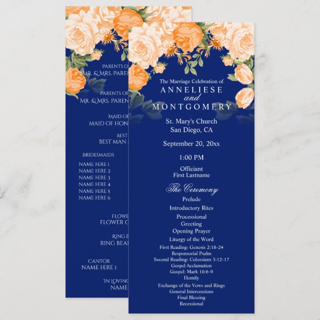 Orange botanique et floral bleu marine - Programme (Devant / Derrière)