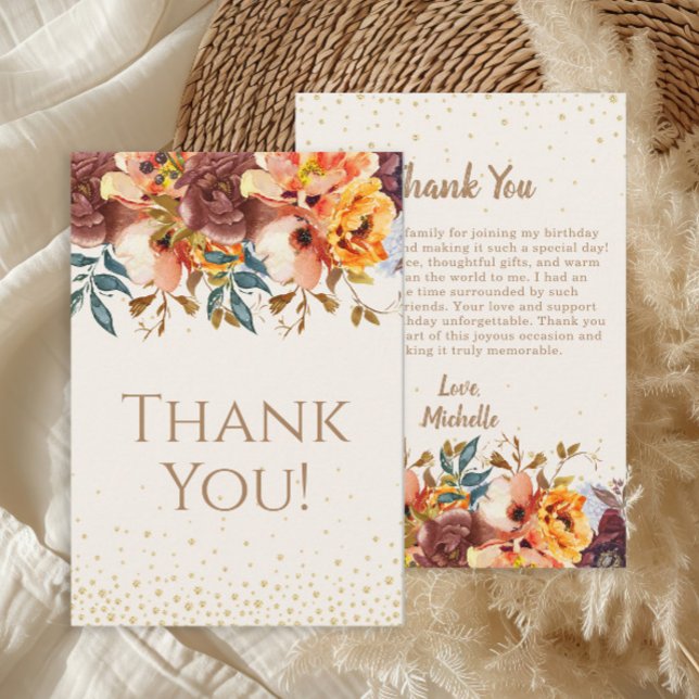Orange Bourgogne Floral Anniversaire Merci (Orange and burgundy floral birthday party "Thank you" card )