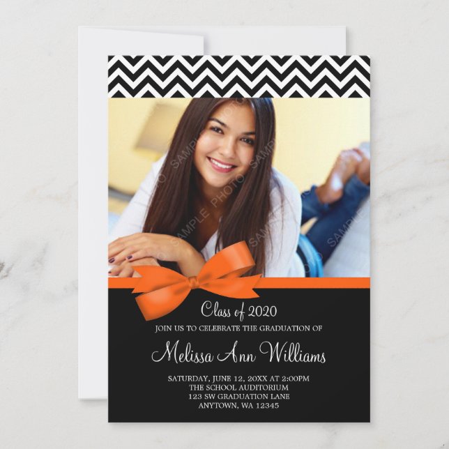 Orange Bow Chevron Faire-part de graduation photo (Devant)