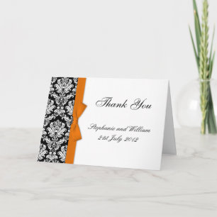 Orange Bow Damask Wedding Thank You Cards