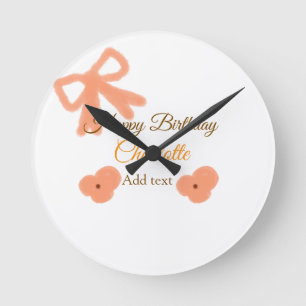 Orange bow flower pastel watercolor birthday name round clock