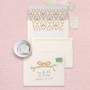 Orange Bow Pink Floral Ogee Return Address Envelope