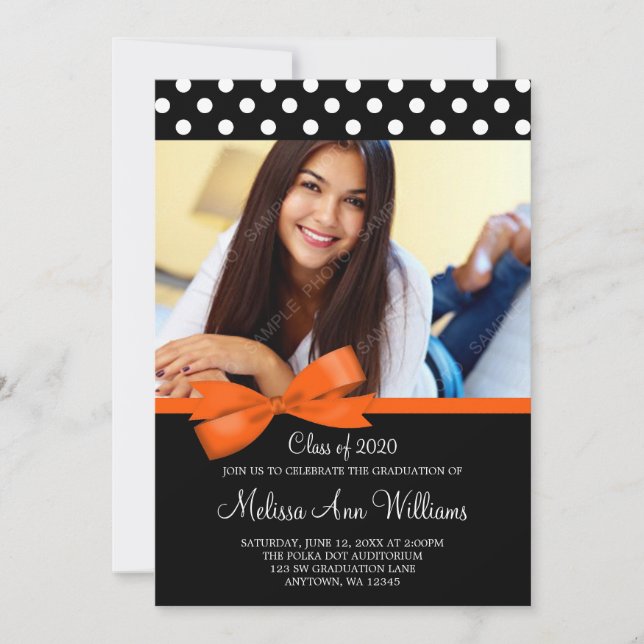 Orange Bow Polka Dot Photo Graduation Announcement (Front)