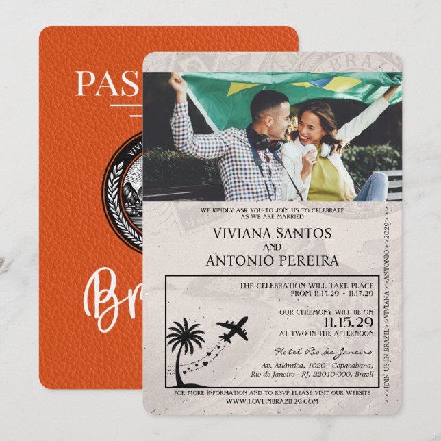 Orange Brazil Passport Wedding Invitation (Front/Back)