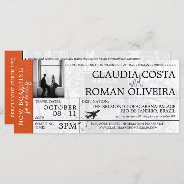 Orange Brésil Mariage Boarding Pass Invitation (Devant / Derrière)