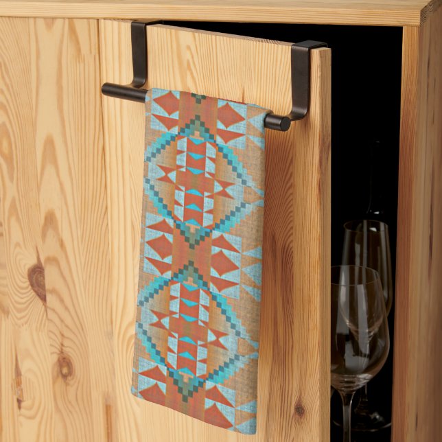 Orange Brown Aqua Turquoise Blue Tribal Art Kitchen Towel (Thirds Fold)