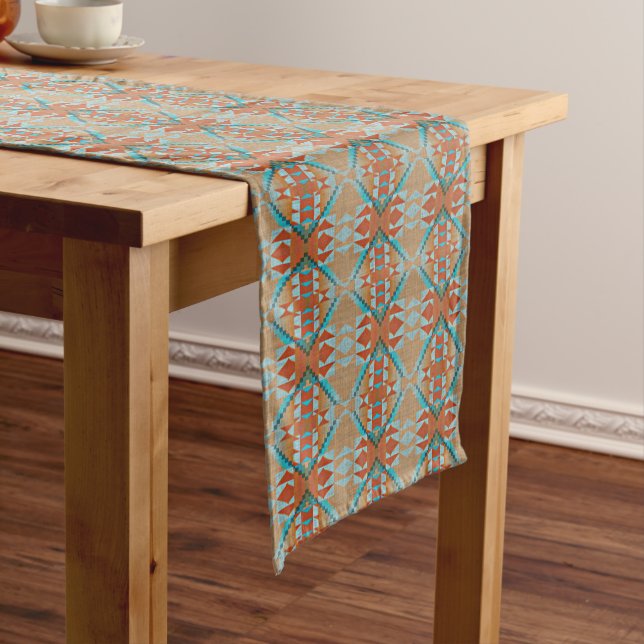 Orange Brown Aqua Turquoise Blue Tribal Art Medium Table Runner (In Situ)