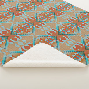 Orange Brown Aqua Turquoise Blue Tribal Art Sherpa Blanket