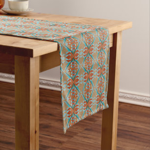 Orange Brown Aqua Turquoise Blue Tribal Art Short Table Runner