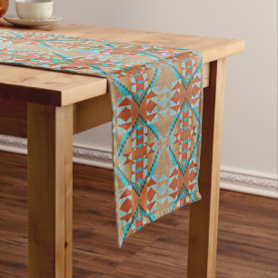 Orange Brown Aqua Turquoise Blue Tribal Art Short Table Runner