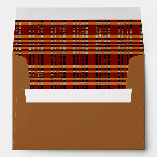 Orange Brown Autumn Fall Plaid Invitation Envelope (Back (Bottom))