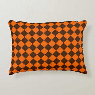 Orange Brown Diamond Chequered Pattern Accent Pillow