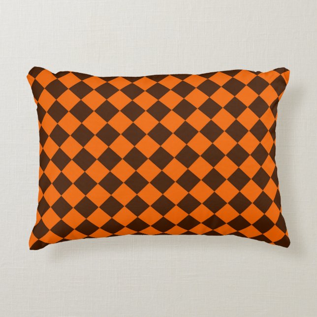 Orange Brown Diamond Chequered Pattern Accent Pillow (Front)