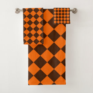 Orange Brown Diamond Chequered Pattern Bath Towel Set