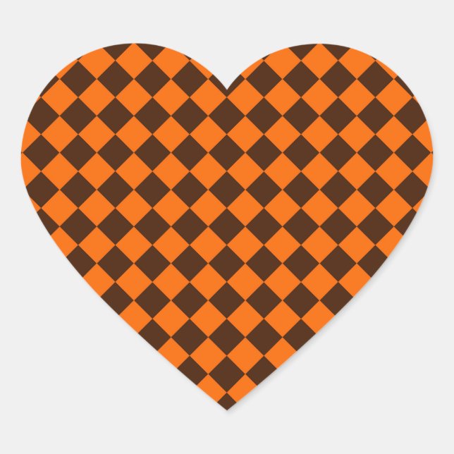 Orange Brown Diamond Chequered Pattern Heart Sticker (Front)