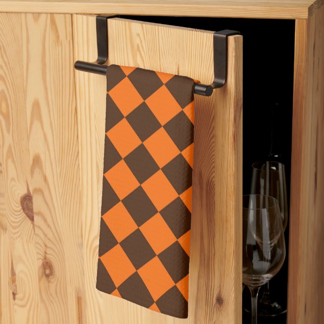 Orange Brown Diamond Chequered Pattern Kitchen Towel (Thirds Fold)