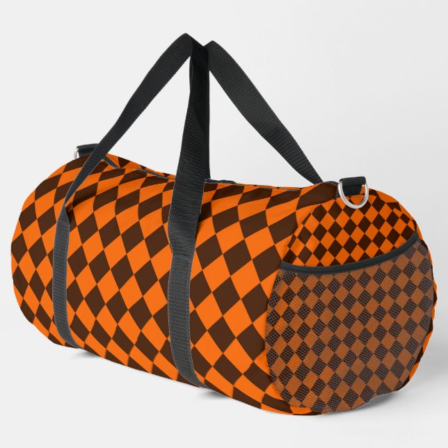 Orange Brown Diamond Chequered Pattern Large Duffle Bag (Right Corner)