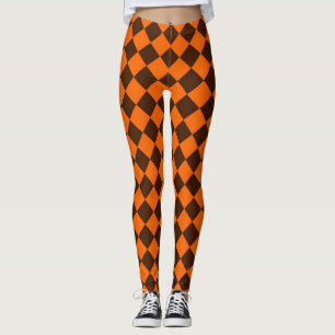 Orange Brown Diamond Chequered Pattern Leggings
