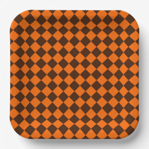 Orange Brown Diamond Chequered Pattern Paper Plate