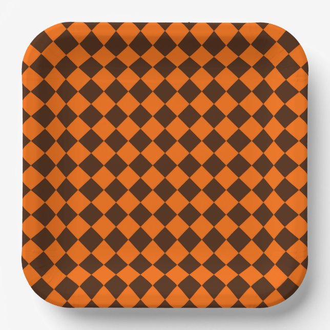 Orange Brown Diamond Chequered Pattern Paper Plate (Front)