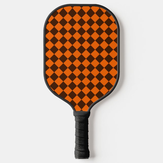 Orange Brown Diamond Chequered Pattern Pickleball Paddle (Front)
