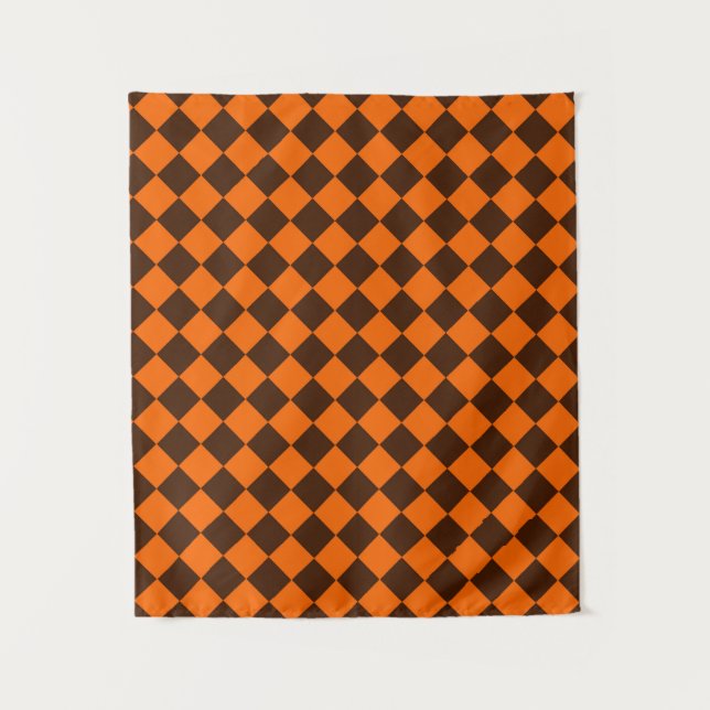 Orange Brown Diamond Chequered Pattern Tapestry (Front)