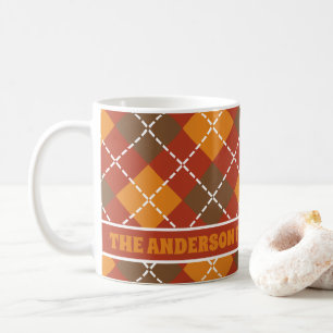 Orange Brown Fall Argyle Custom Family Monogram Coffee Mug