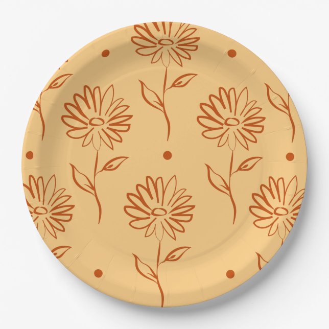 Orange Brown Flower Outline Pattern Paper Plate (Front)