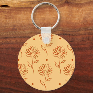 Orange Brown Flower Outlines Pattern Double-Sided Keychain