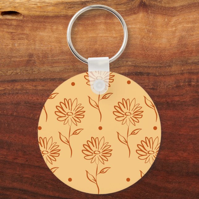 Orange Brown Flower Outlines Pattern Double-Sided Keychain (Front)