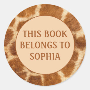 Orange Brown Giraffe Print Book Name Plate Sticker