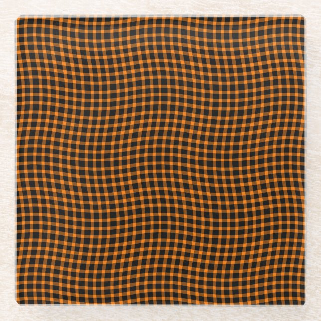 Orange Brown Plaid Checker Seamless Pattern Glass Coaster (Front)