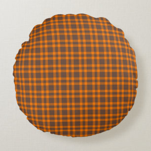 Orange Brown Plaid Pattern Round Pillow