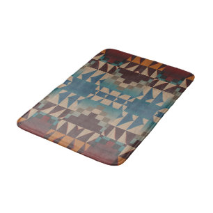 Orange Brown Red Teal Blue Tribal Mosaic Pattern Bath Mat