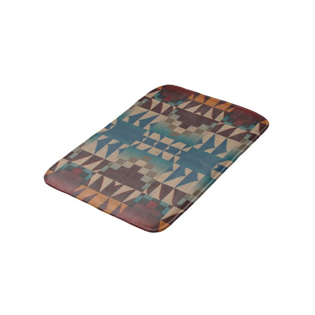 Orange Brown Red Teal Blue Tribal Mosaic Pattern Bath Mat (Angled)