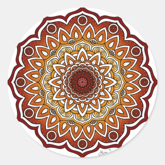 Orange & Brown Spiral and Floral Mandala Classic Round Sticker (Front)