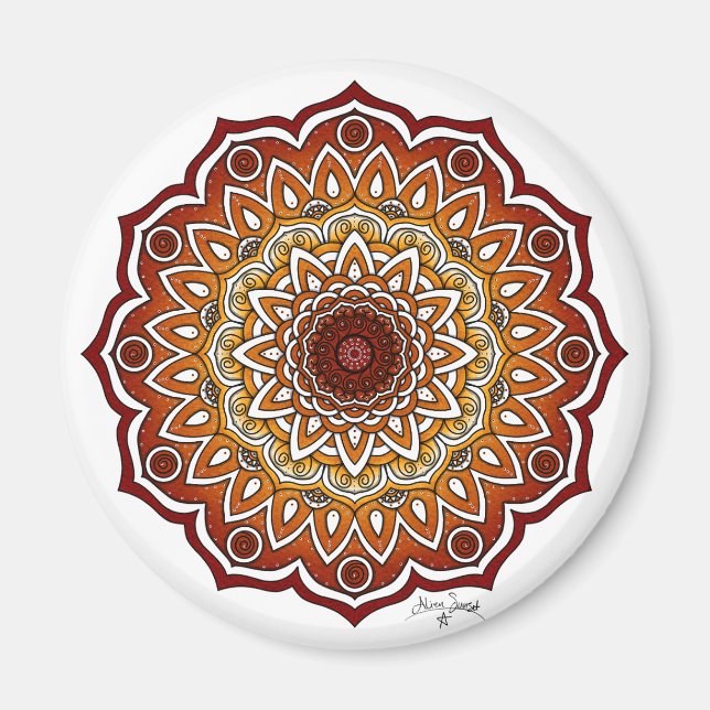 Orange & Brown Spiral and Floral Mandala Magnet (Front)