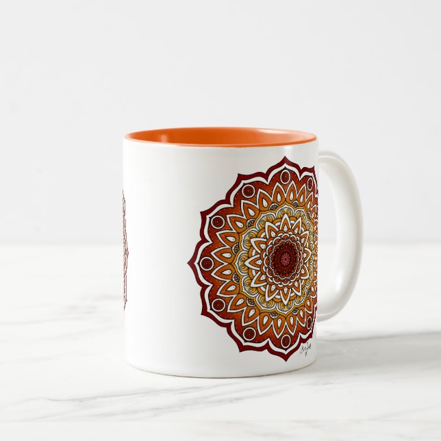 Orange & Brown Spiral and Floral Mandala Two-Tone Coffee Mug (Front Right)