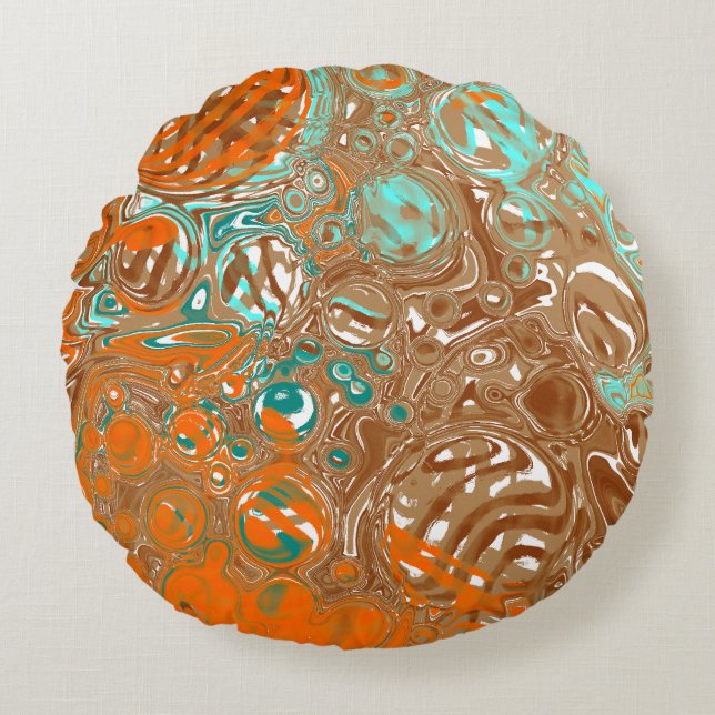 Orange, Brown, Teal and Turquoise Abstract Art     Round Pillow (Front)