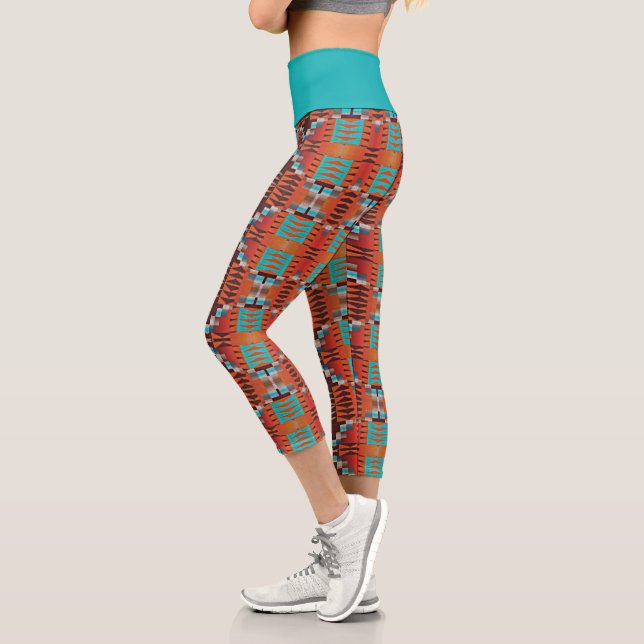 Orange Brown Turquoise Blue Ethnic Mosaic Pattern Capri Leggings (Left)