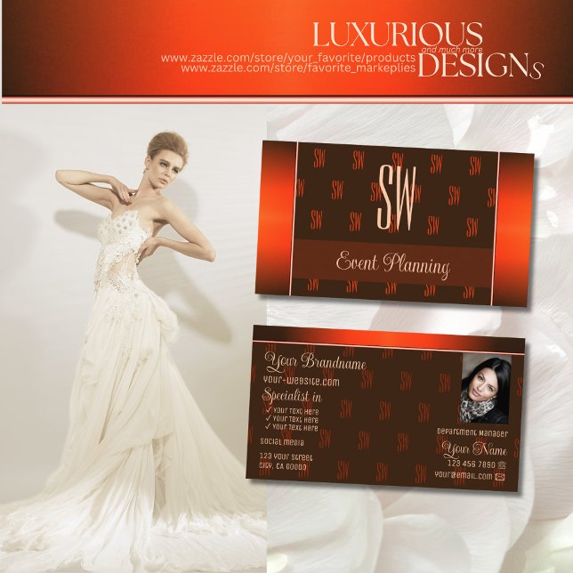 Orange Brown with Photo and Chic Monogram Pattern Business Card (Creator Uploaded)