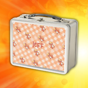 Orange Buffalo Check with Dinosaurs and Monogram Metal Lunch Box