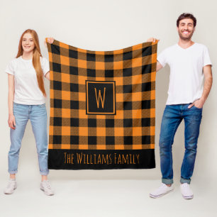 Orange Buffalo Plaid Monogram Custom Name  Fleece Blanket