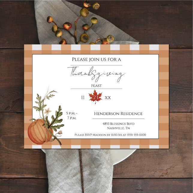 Orange Buffalo Plaid Pumpkin Thanksgiving Dinner Invitation (Orange Buffalo Plain Pumpkin Thanksgiving Dinner Invitation)