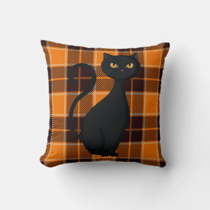 Orange Buffalo Plaid Spooky Black Cat Halloween Throw Pillow