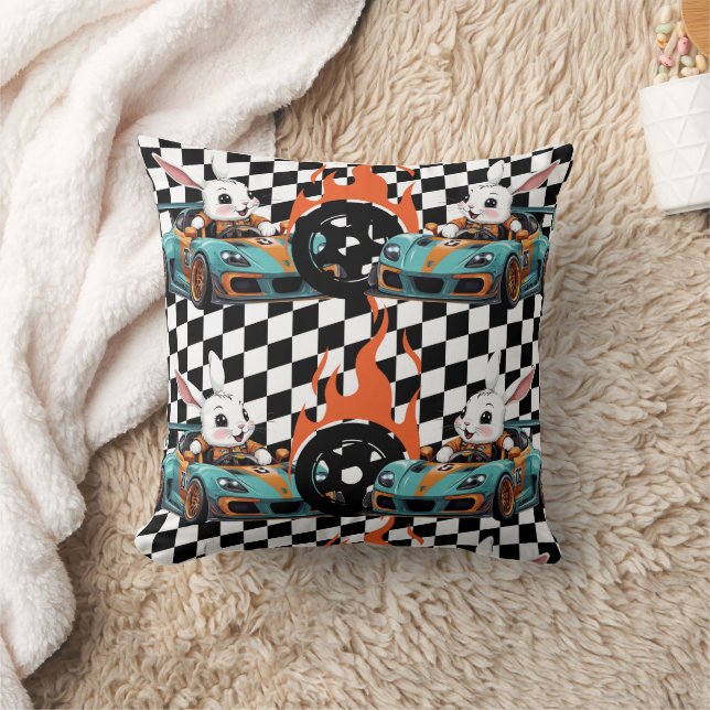 Orange Bunny Car Racer Print Throw Pillow (Blanket)
