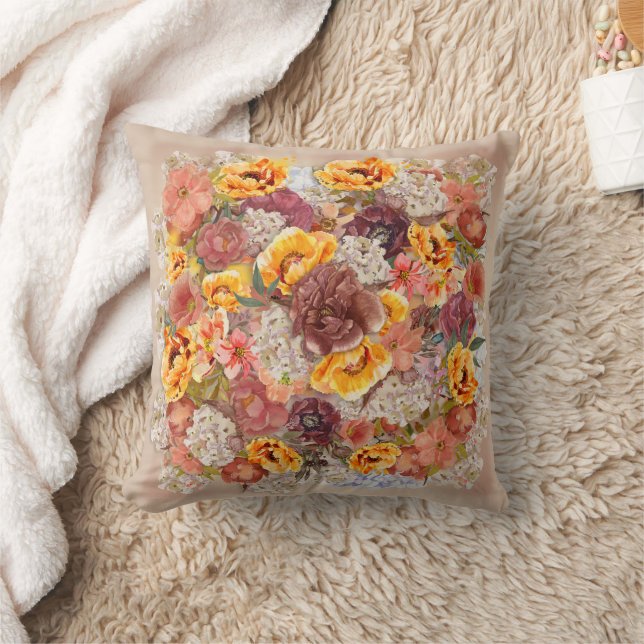 Orange Burgundy Cream Floral Khaki Fall Autumn  Throw Pillow (Blanket)