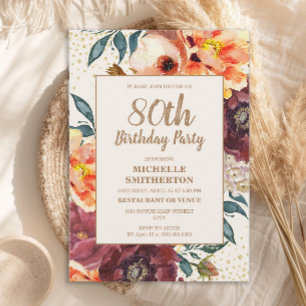 Orange Burgundy Fall Floral Gold Glitter 80th Invitation